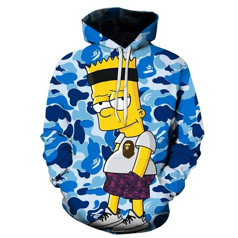 Playful Bart Simpson Blue Camouflage 3d Hoodie With Vibrant Design