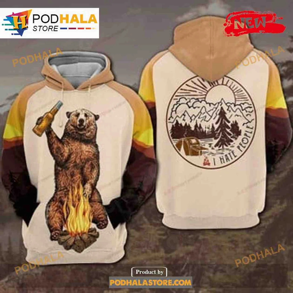 Playful Bear Camping 3d Hoodie With Campfire And Beer Bottle