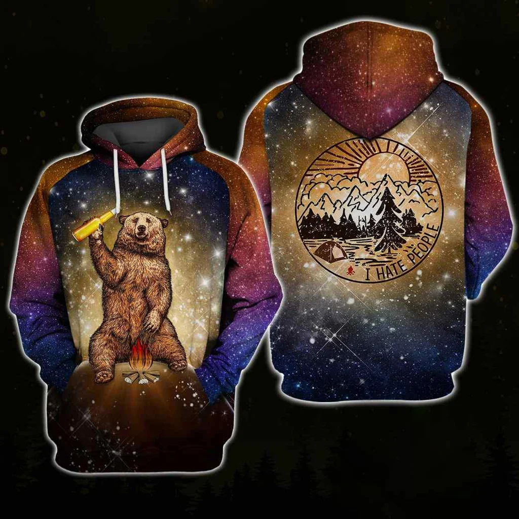 Playful Bear Camping 3d Hoodie With I Hate People Design