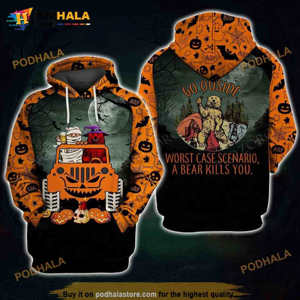 Playful Bear Jeep Camping 3d Hoodie With Halloween Design