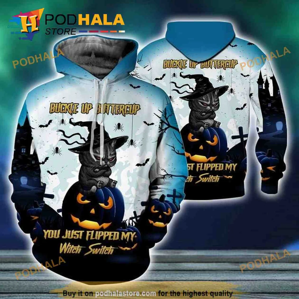 Playful Black Cat Halloween 3d Hoodie With Grinning Pumpkin Design