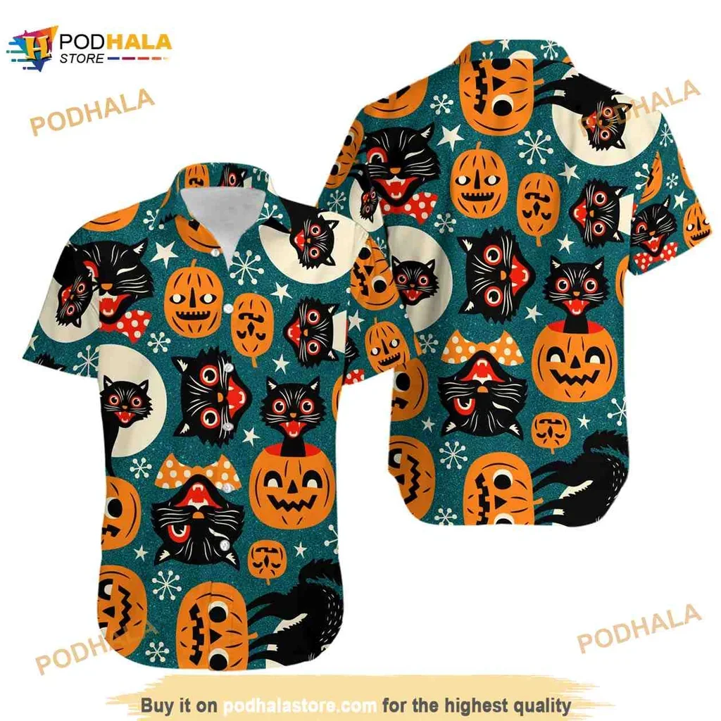 Playful Black Cat Pumpkin Hawaiian Shirt With Whimsical Halloween Design