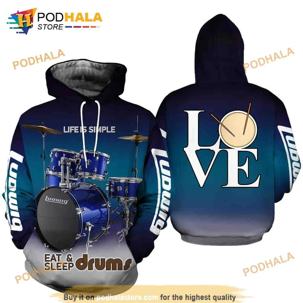 Playful Blue Drums 3d Hoodie, Eat & Sleep Drums Graphic Design