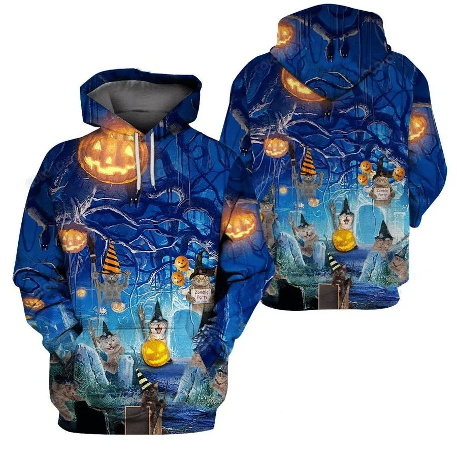 Playful Blue Halloween Cats 3d Hoodie With Whimsical Pumpkin And Ghosts