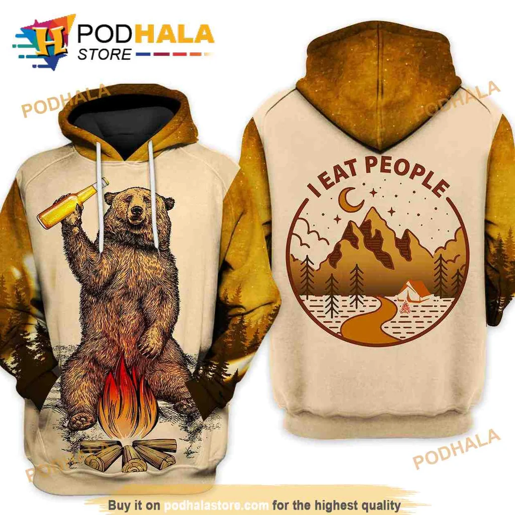 Playful Camping Bear 3d Hoodie With Campfire And Night Sky Design