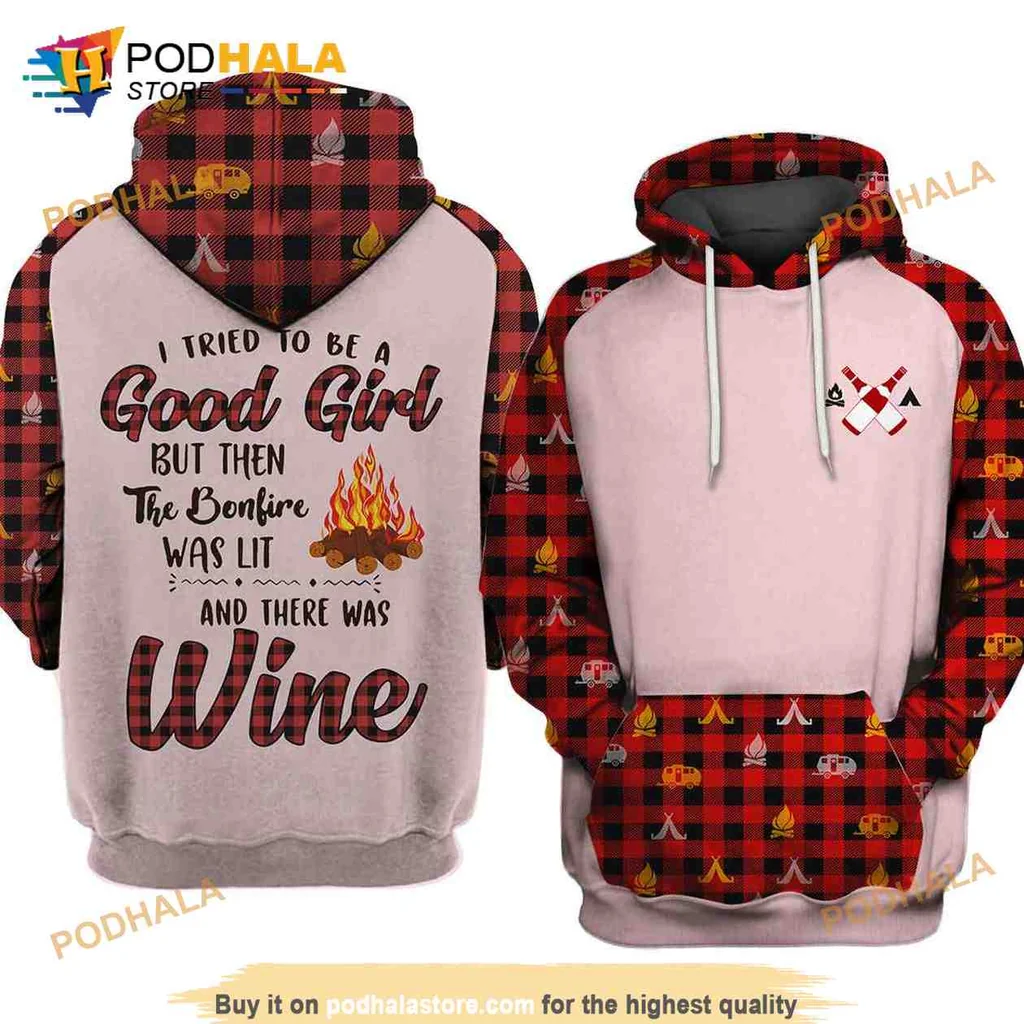 Playful Camping Wine Girl 3d Hoodie, Fun Bonfire Design For Outdoor Lovers