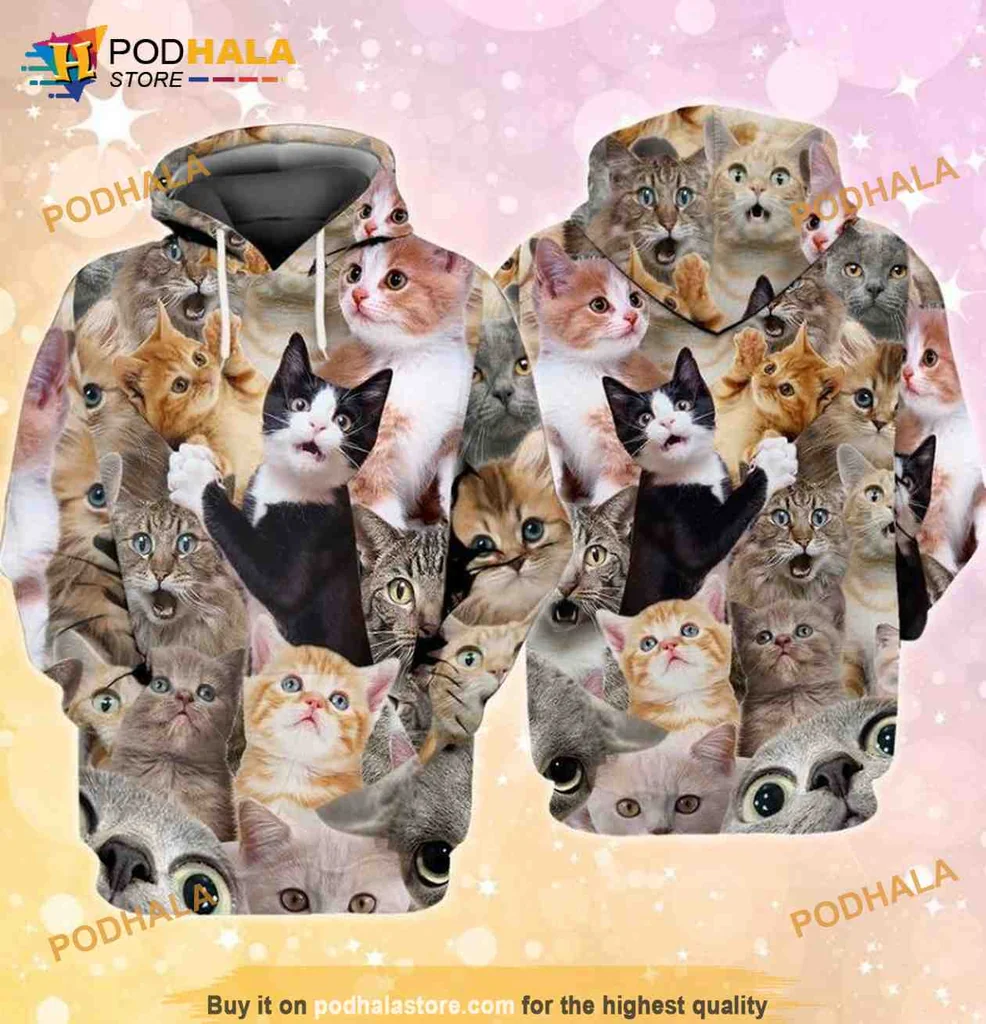 Playful Cat Faces 3d Hoodie With Vibrant Feline Expressions