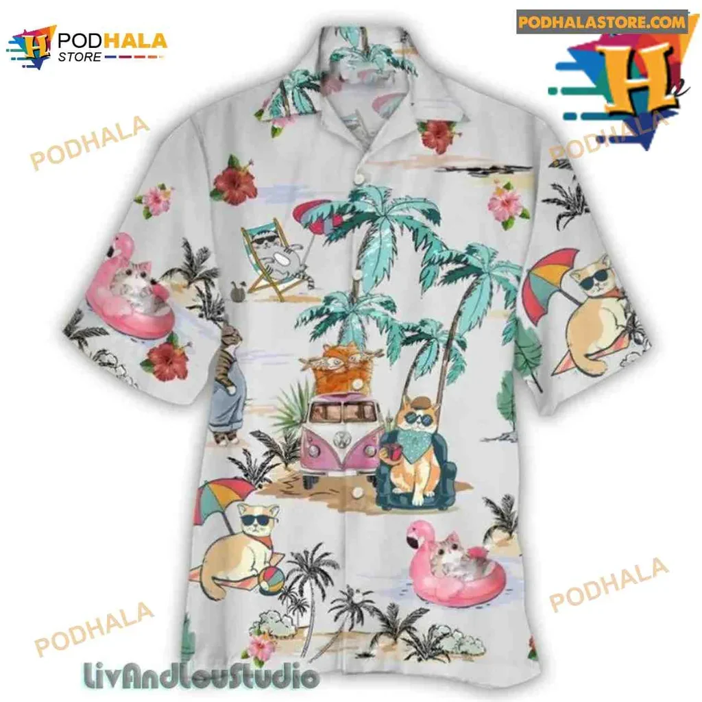 Playful Cat Tropical Hawaiian Shirt With Colorful Beach Design