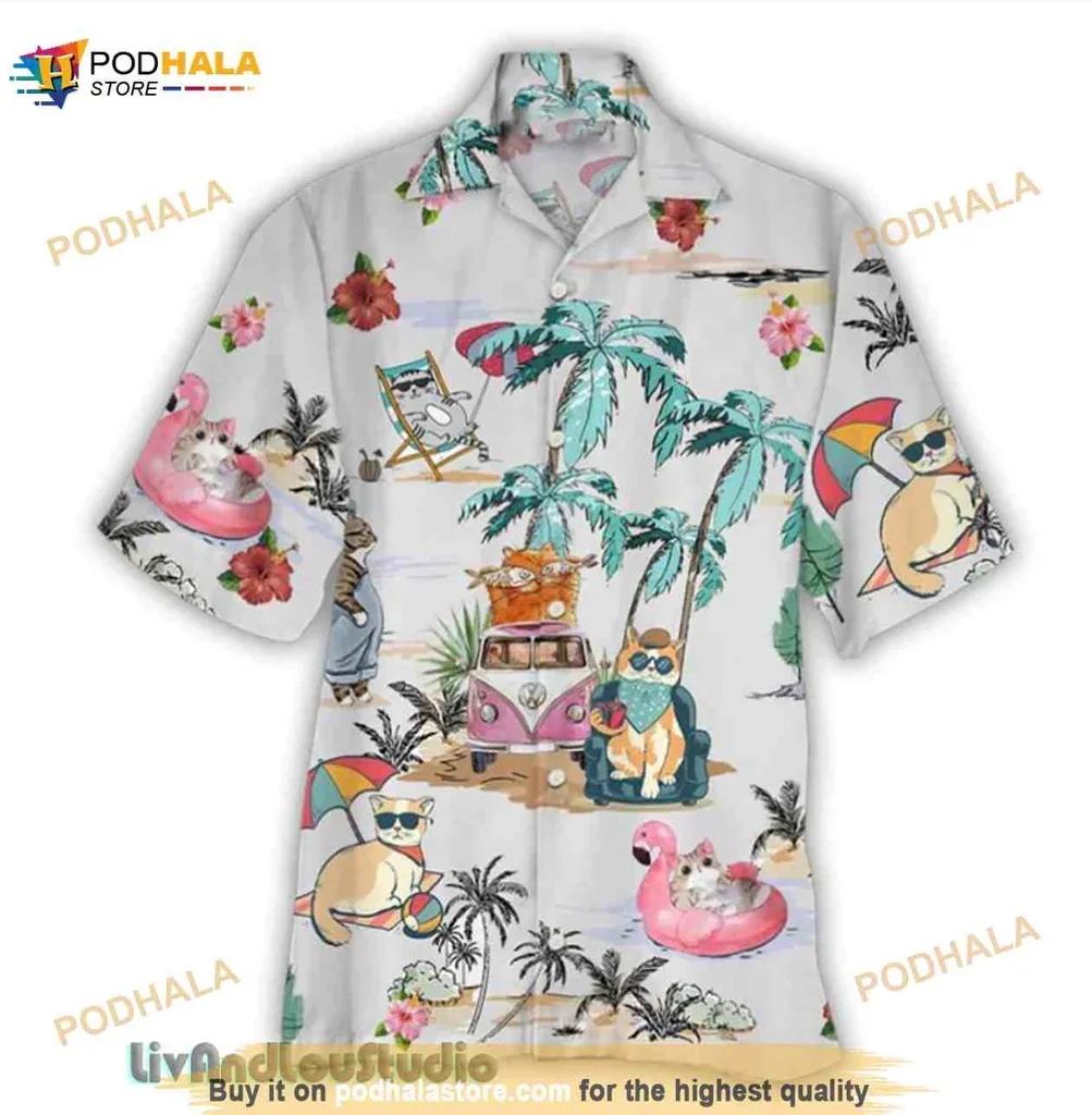 Playful Cat Tropical Hawaiian Shirt With Vibrant Beach Design