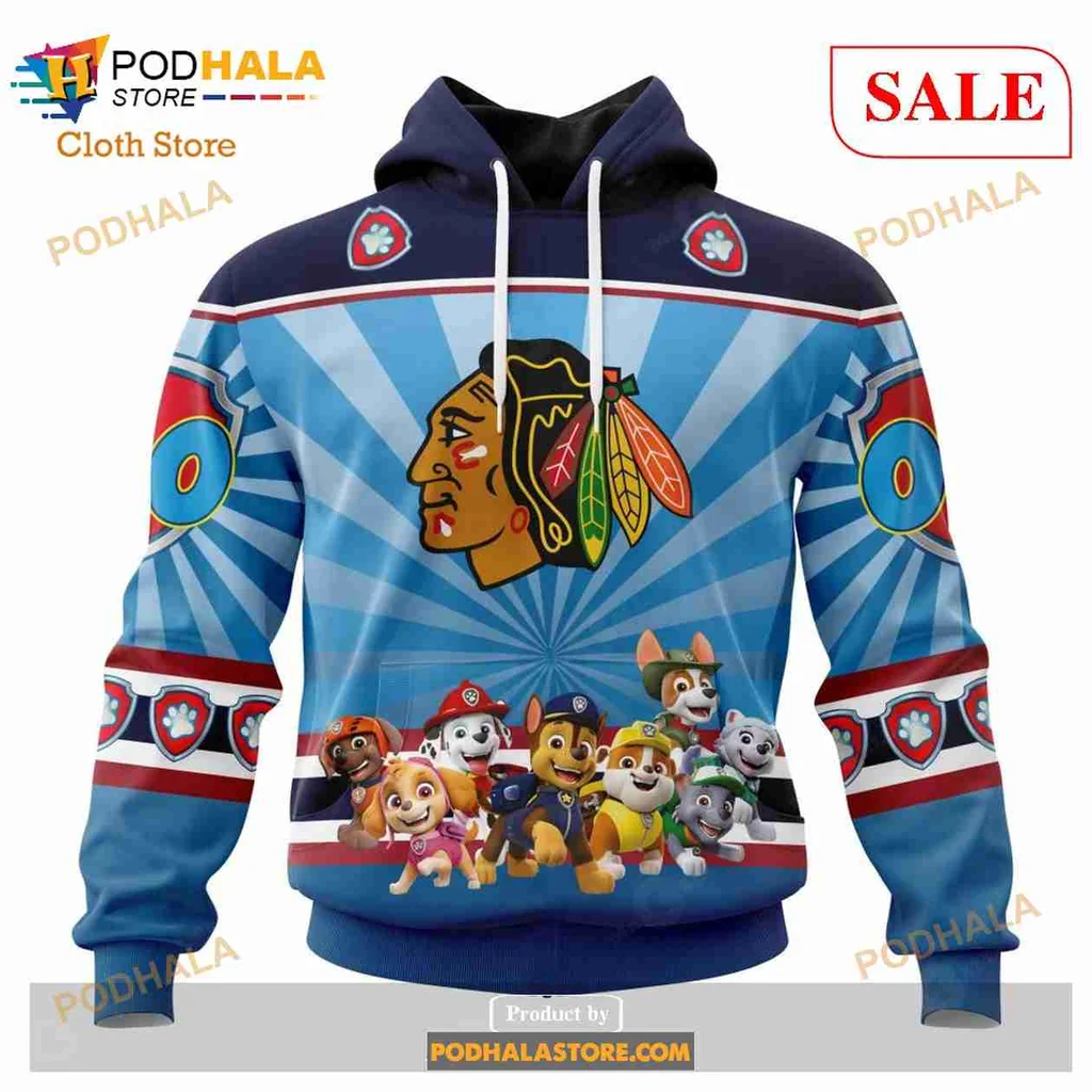 Playful Chicago Blackhawks Paw Patrol Hoodie Featuring Vibrant Characters