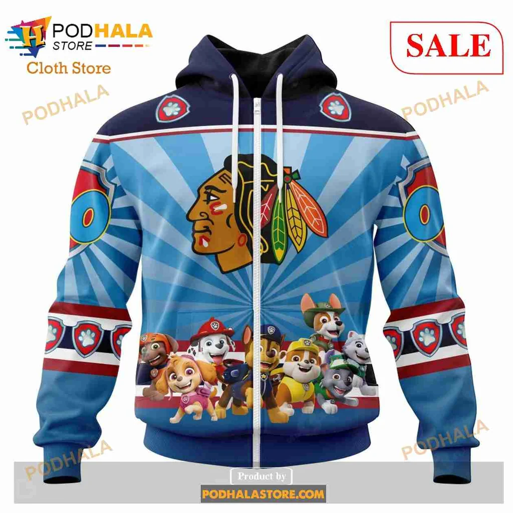 Playful Chicago Blackhawks Paw Patrol Hoodie Featuring Vibrant Characters - View 1 Playful Chicago Blackhawks Paw Patrol Hoodie Featuring Vibrant Characters - View 1
