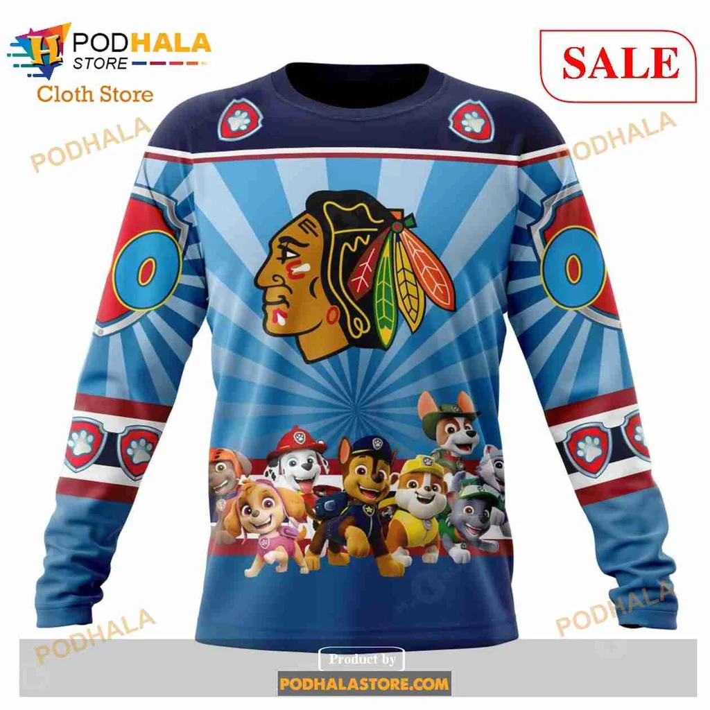 Playful Chicago Blackhawks Paw Patrol Hoodie Featuring Vibrant Characters - View 3 Playful Chicago Blackhawks Paw Patrol Hoodie Featuring Vibrant Characters - View 3