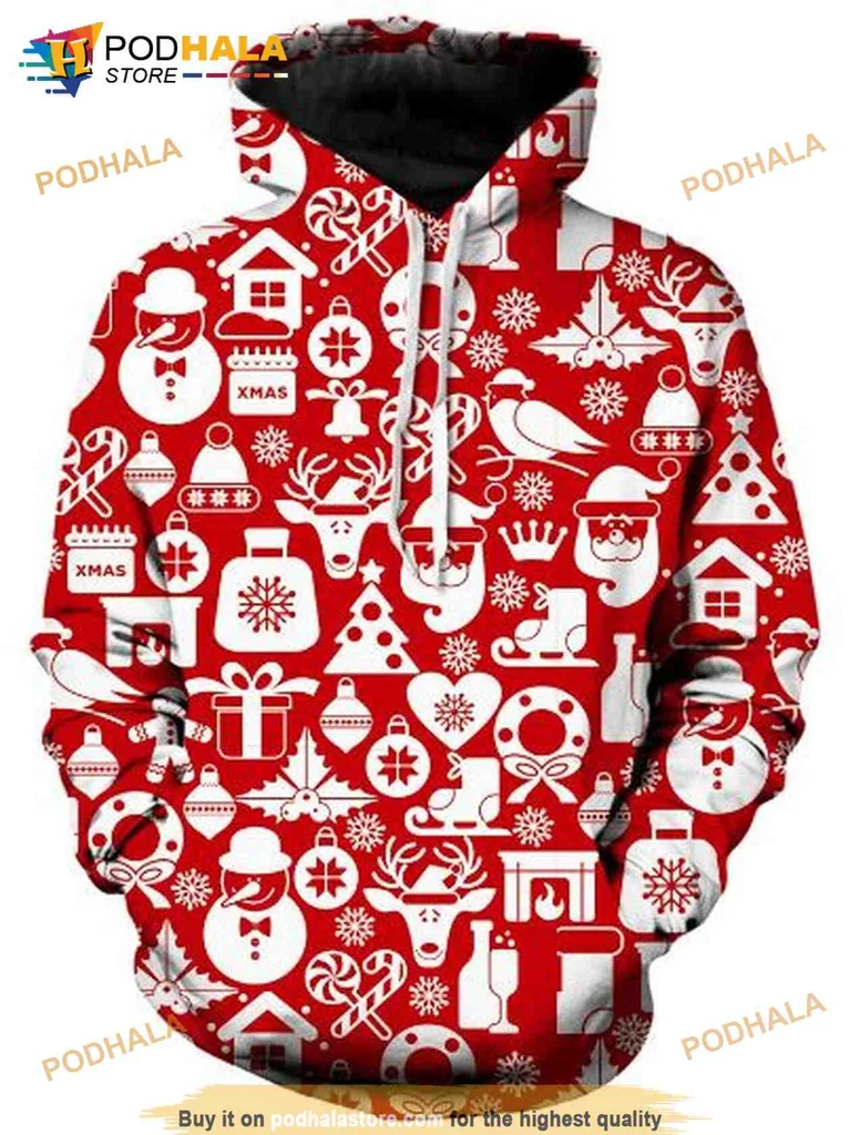 Playful Christmas Graphics Hoodie Featuring Santa Claus And Snowmen