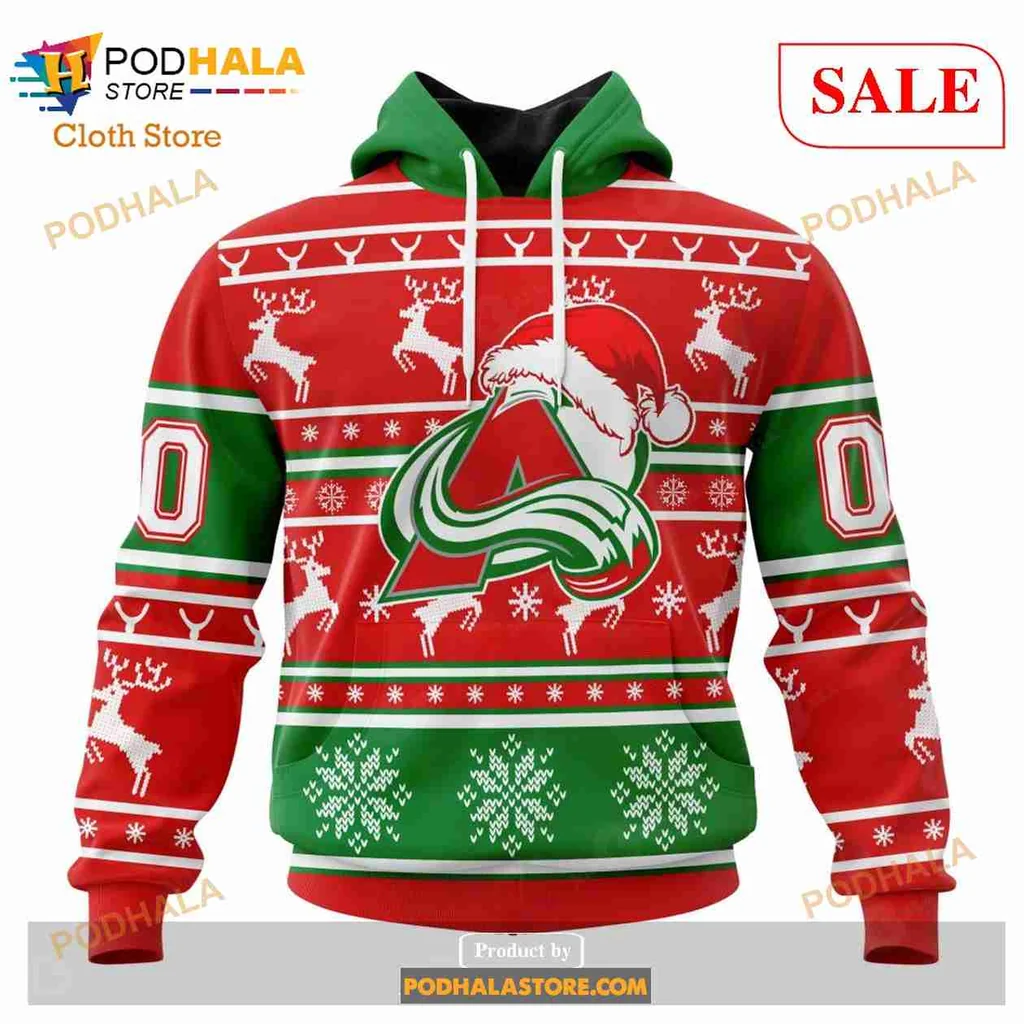 Playful Colorado Avalanche Christmas Hoodie With Santa Hat And Snowflakes