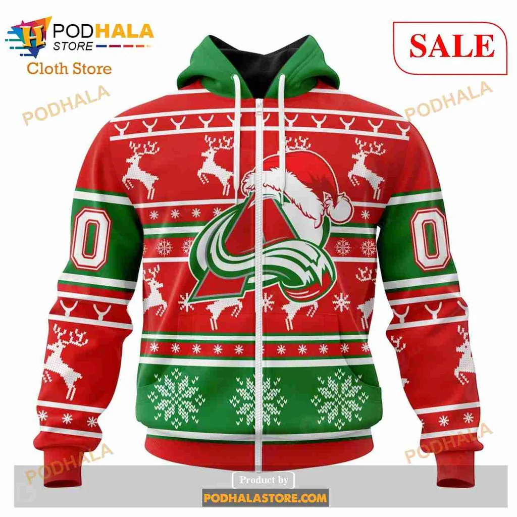 Playful Colorado Avalanche Christmas Hoodie With Santa Hat And Snowflakes - View 1 Playful Colorado Avalanche Christmas Hoodie With Santa Hat And Snowflakes - View 1