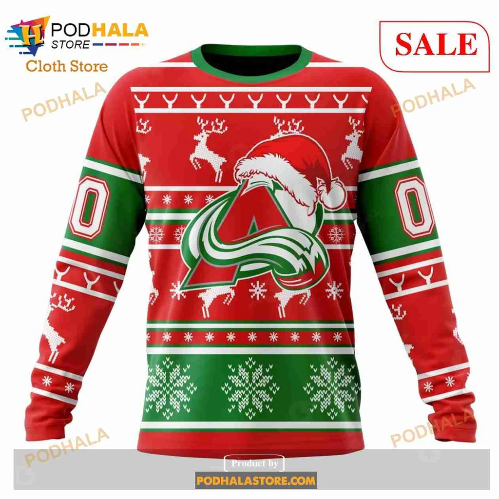 Playful Colorado Avalanche Christmas Hoodie With Santa Hat And Snowflakes - View 3 Playful Colorado Avalanche Christmas Hoodie With Santa Hat And Snowflakes - View 3