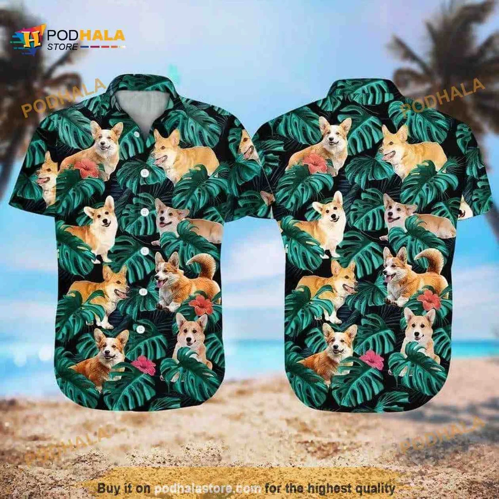 Playful Corgi Aloha Shirt With Tropical Palm Leaves Design