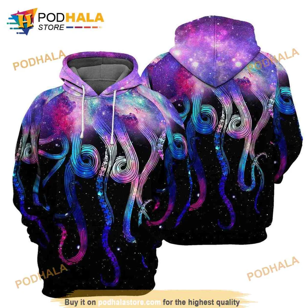 Playful Cosmic Octopus 3d Hoodie Featuring Vibrant Tentacles And Starry Background