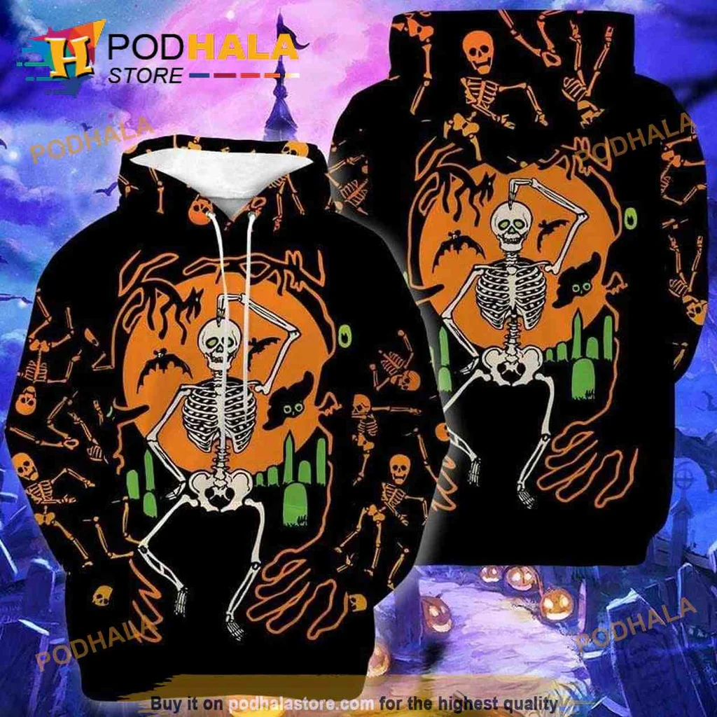 Playful Dancing Skeleton 3d Hoodie For Fun Halloween Celebrations