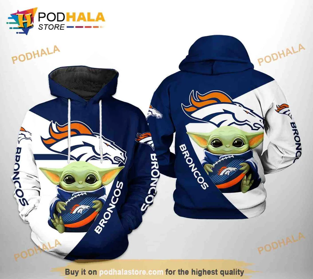 Playful Denver Broncos Baby Yoda 3d Hoodie With Team Colors