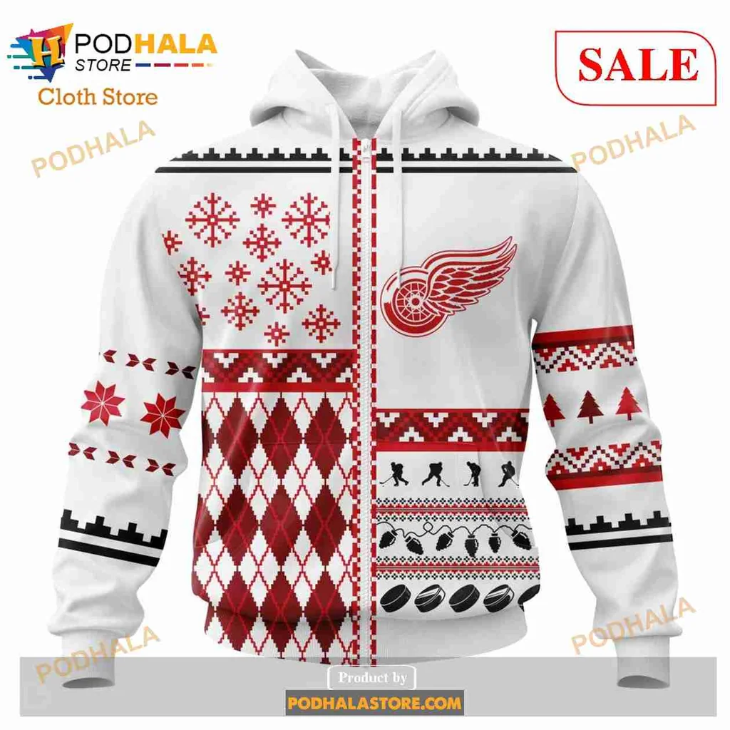 Playful Detroit Red Wings All Over Print Hoodie With Christmas Motifs And Logo Playful Detroit Red Wings All Over Print Hoodie With Christmas Motifs And Logo