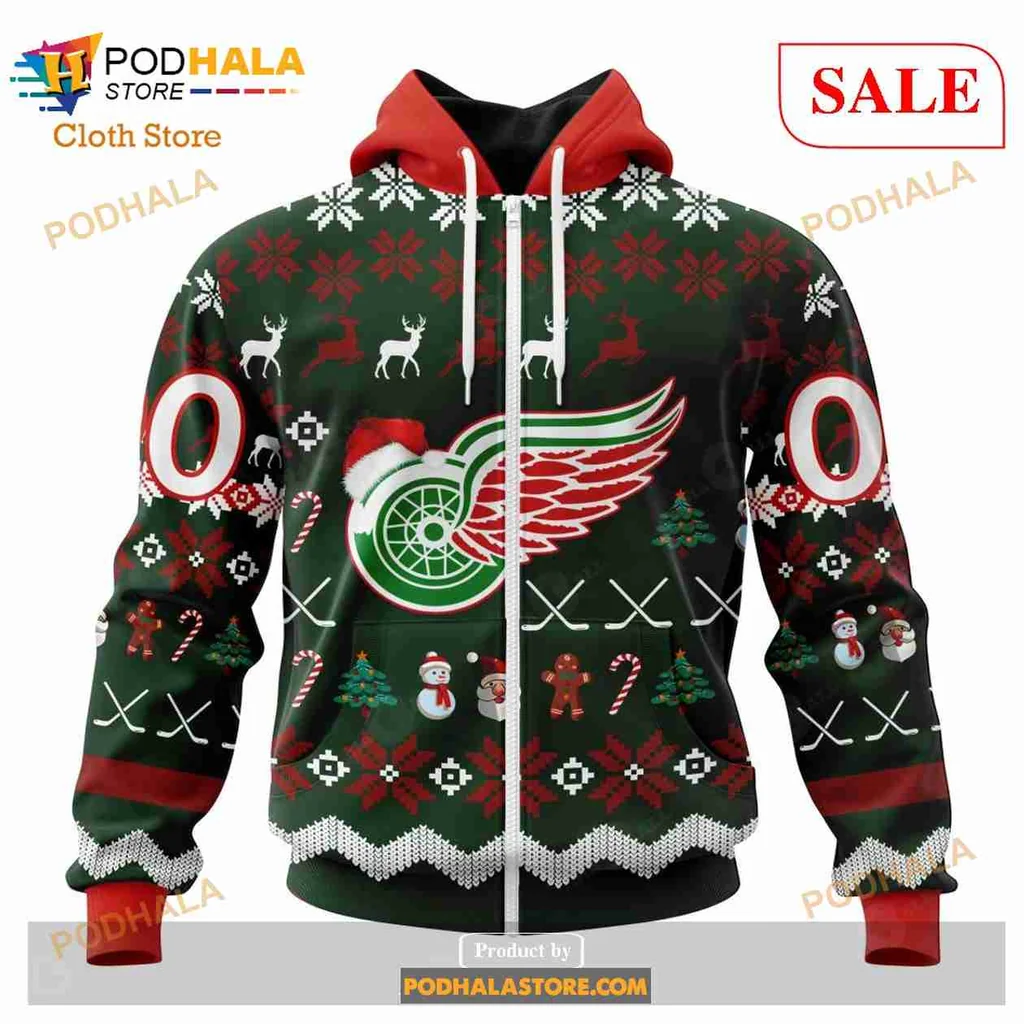 Playful Detroit Red Wings Christmas Hoodie With Festive Design - View 1 Playful Detroit Red Wings Christmas Hoodie With Festive Design - View 1