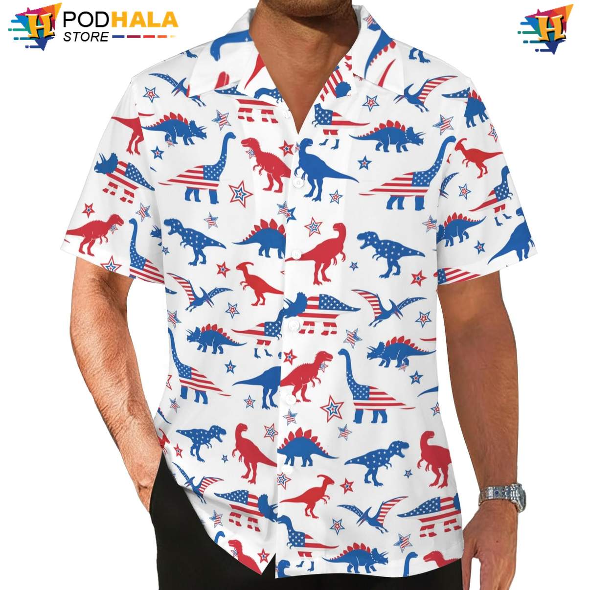Playful Dinosaur Celebration Hawaiian Shirt, 4th Of July Festive Button Down For Beach Parties