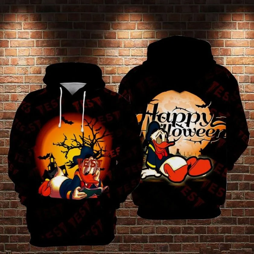 Playful Donald Duck Halloween 3d Hoodie With Witch Costume And Moon