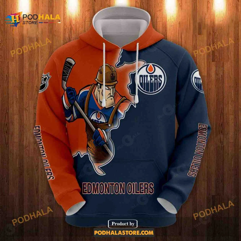 Playful Edmonton Oilers Hockey Player 3d Hoodie With Hard Hat Design