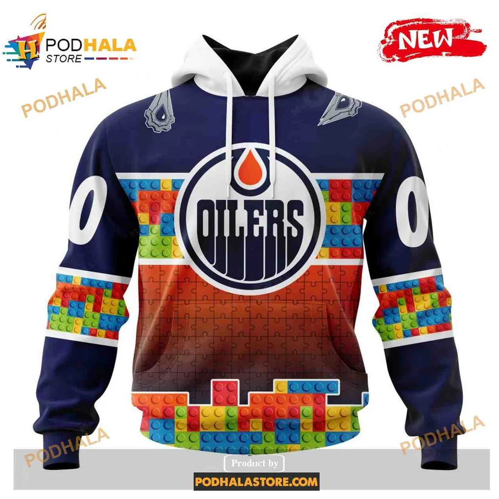 Playful Edmonton Oilers Puzzle 3d Hoodie With Team Logo And Gradient Design