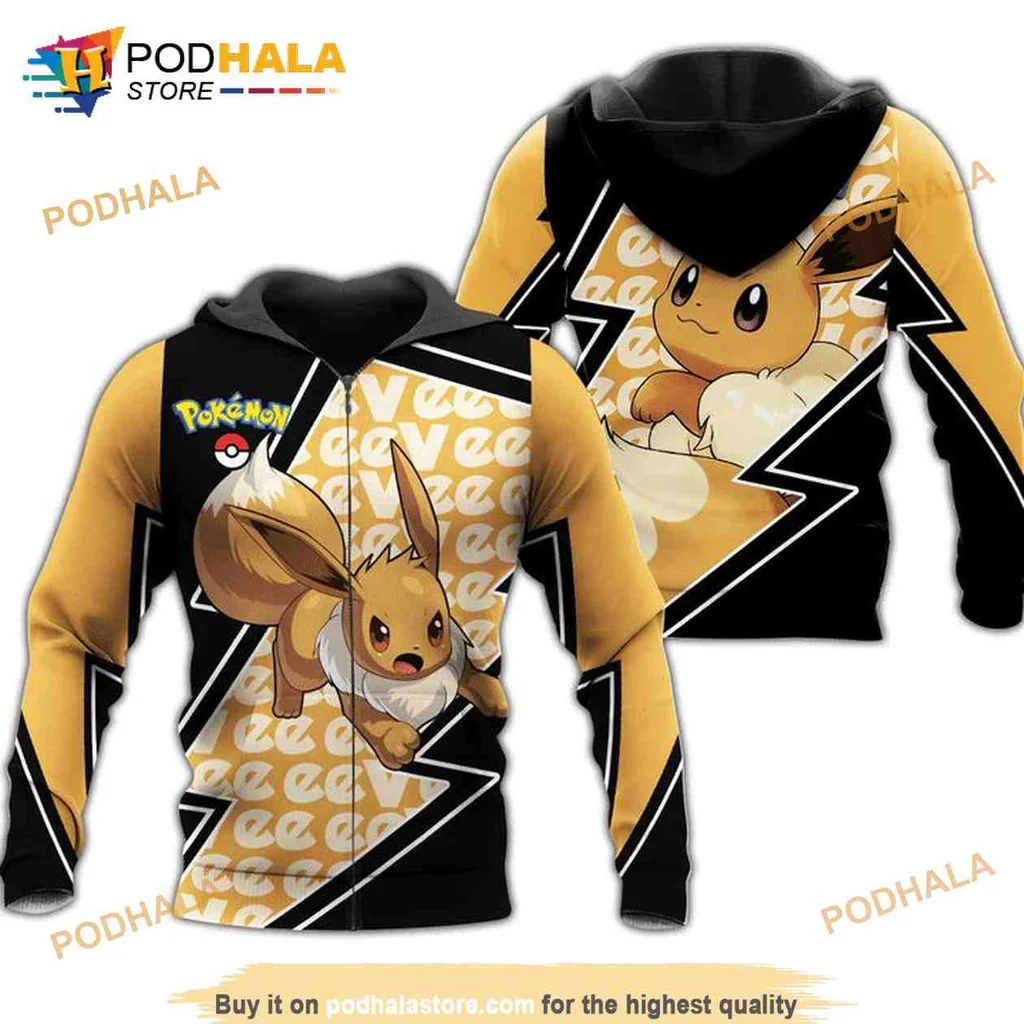 Playful Eevee Pokemon 3d Hoodie Featuring Vibrant Cartoon Design