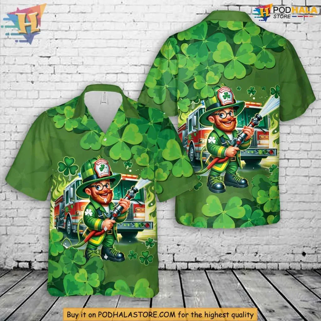 Playful Firefighter Leprechaun Hawaiian Shirt With Shamrocks For St Patricks Day