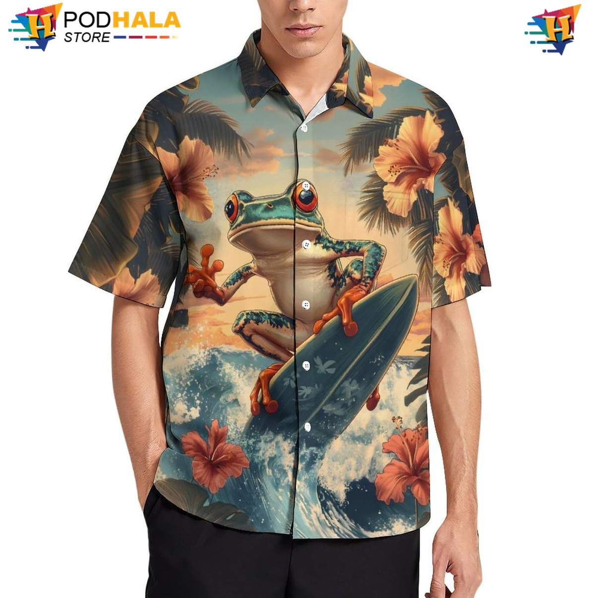 Playful Frog Vintage Hawaiian Shirt, Retro Surfing Design For Summer Beach Fun