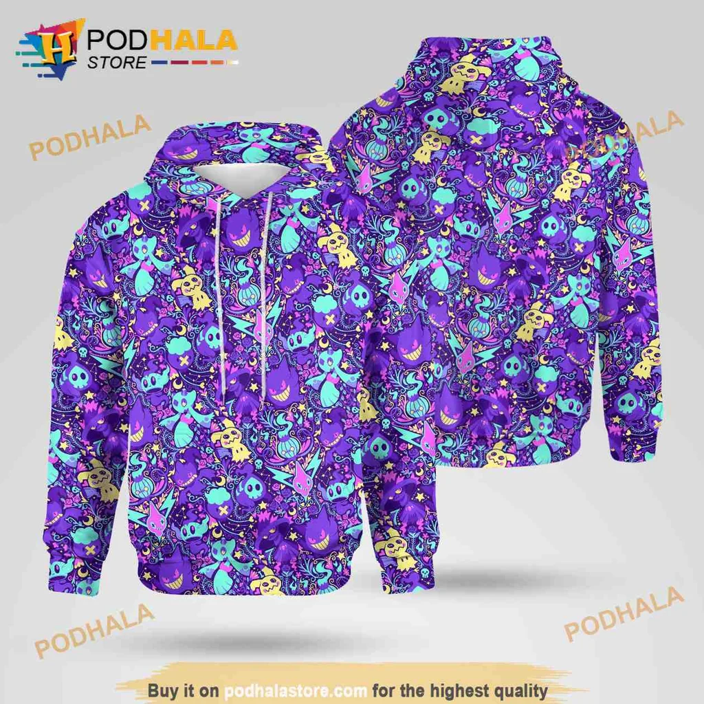 Playful Ghostly Pokemon 3d Hoodie With Whimsical All Over Print