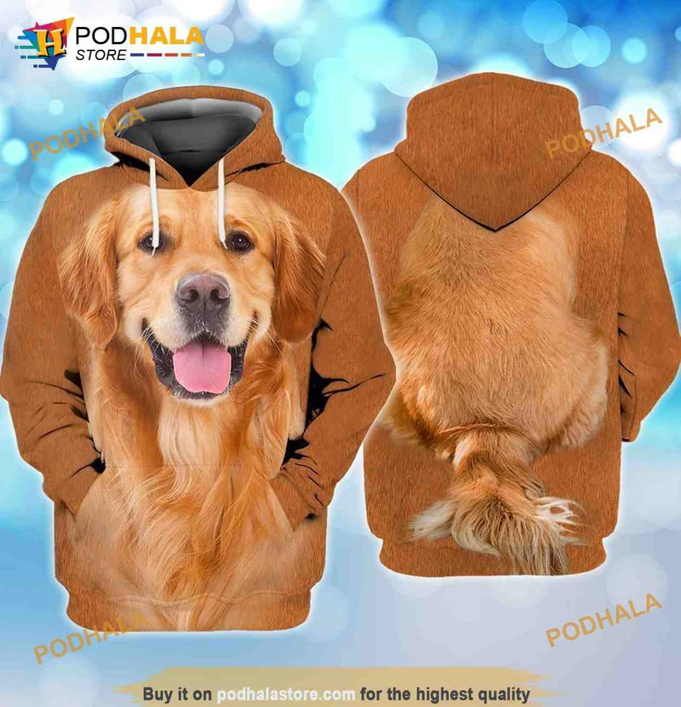 Playful Golden Retriever Face 3d Hoodie With Realistic Dog Print