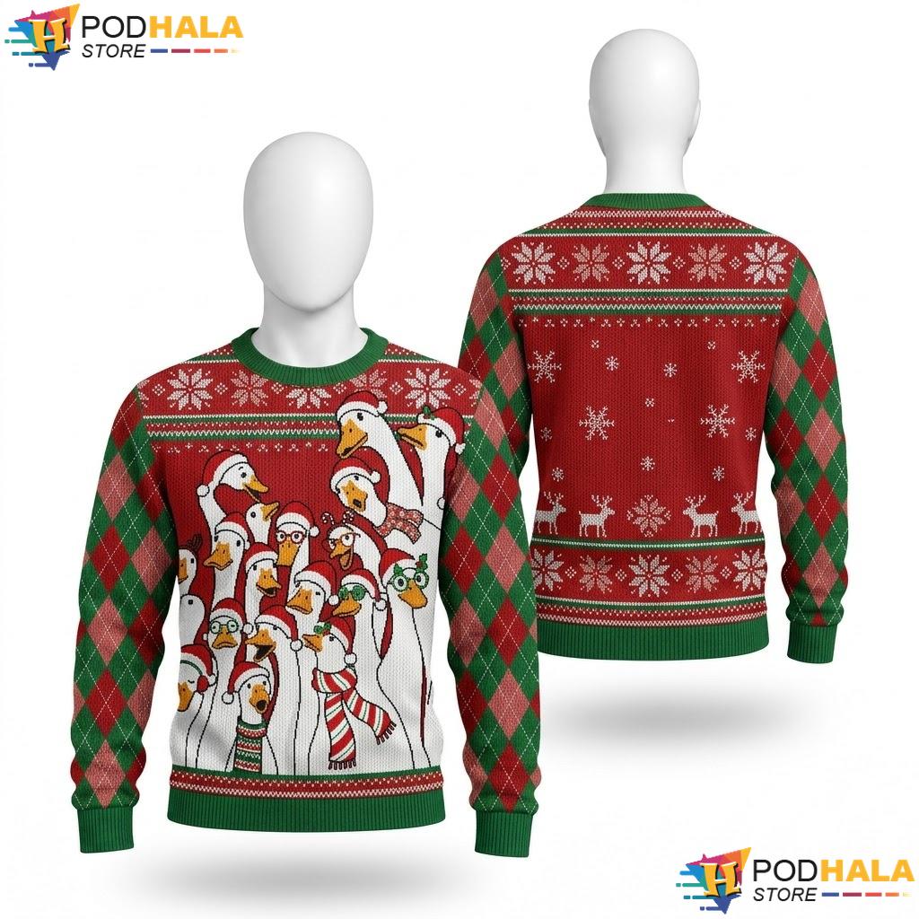 Playful Goose Santa Elf Costume Ugly Sweater Funny Christmas Mens Top