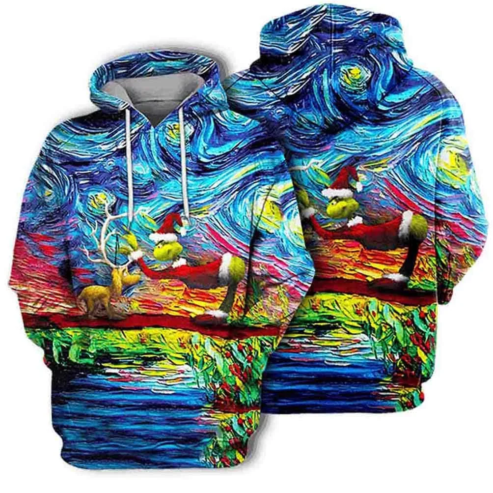 Playful Grinch Reindeer 3d Hoodie With Whimsical Starry Night Design