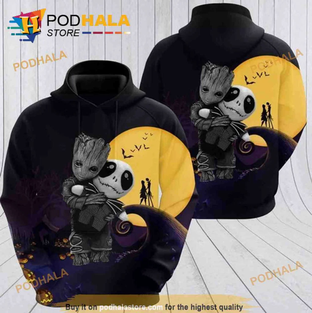 Playful Groot And Jack Skellington 3d Hoodie With Yellow Moon Design