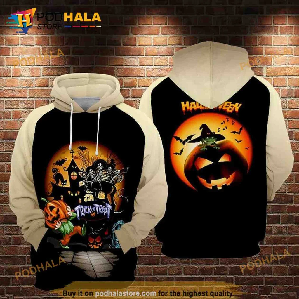 Playful Halloween Jack O Lantern 3d Hoodie With Witch And Bats Design
