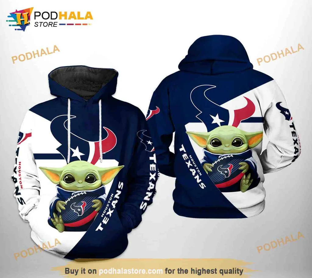 Playful Houston Texans Baby Yoda 3d Hoodie Featuring Team Logo