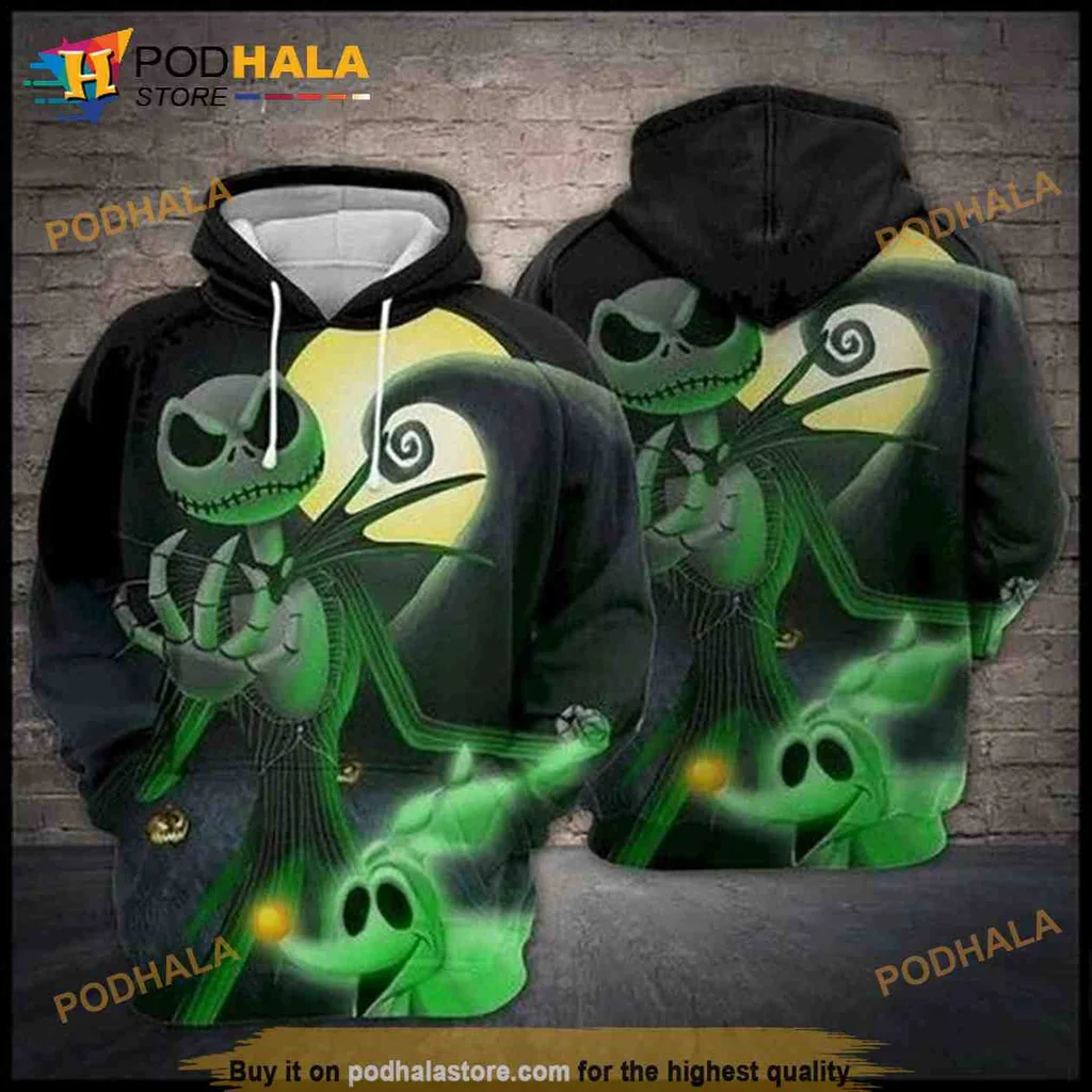 Playful Jack Skellington 3d Hoodie With Glowing Yellow Moon Design