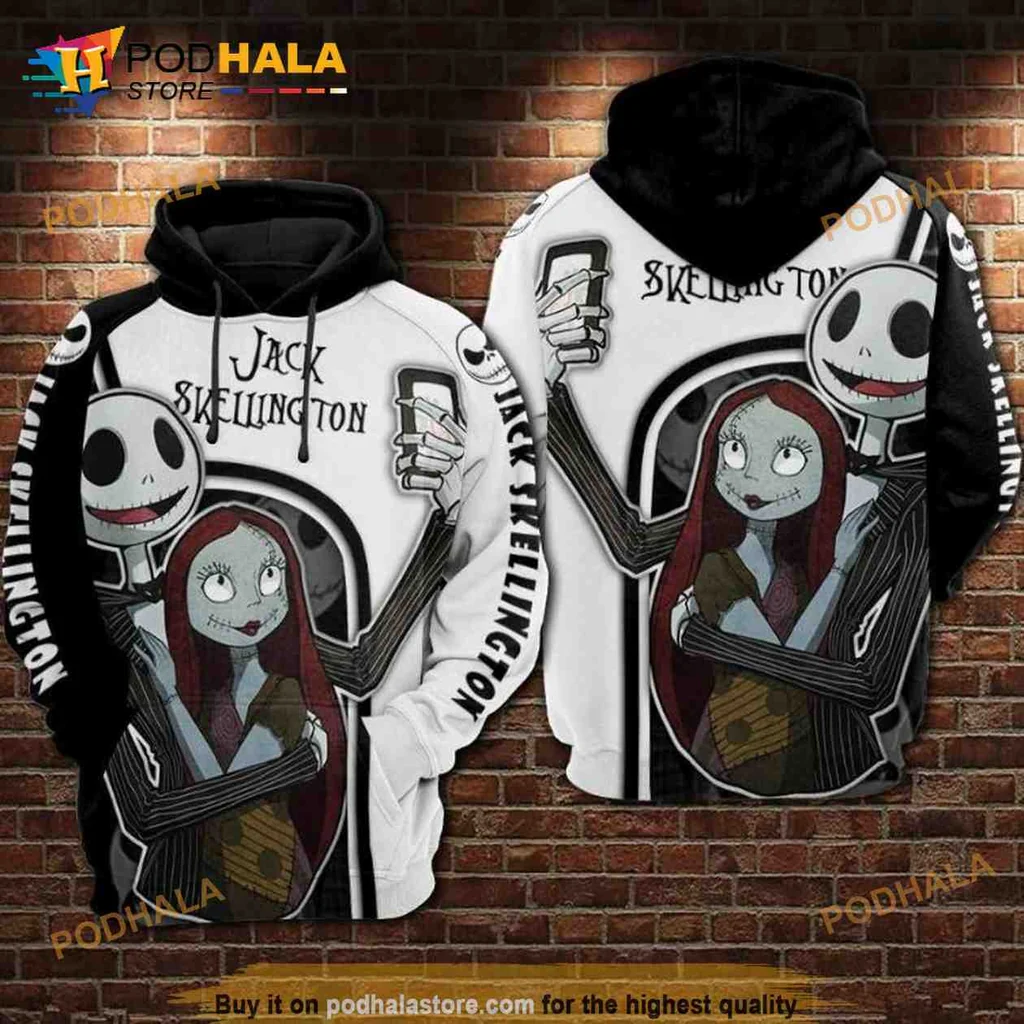 Playful Jack Skellington And Sally Hoodie Featuring Fun Selfie Design