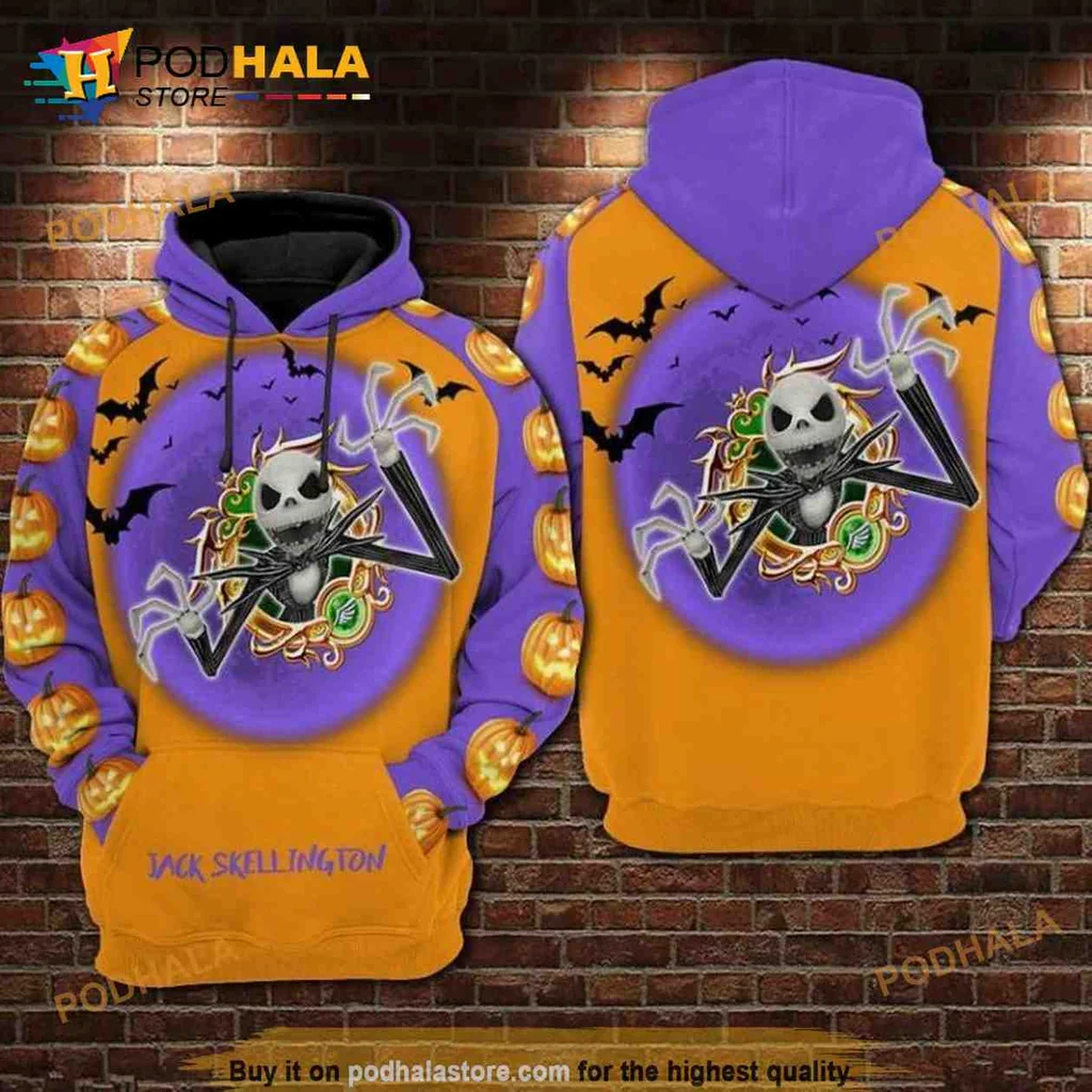 Playful Jack Skellington Halloween 3d Hoodie With Colorful Pumpkins And Bats