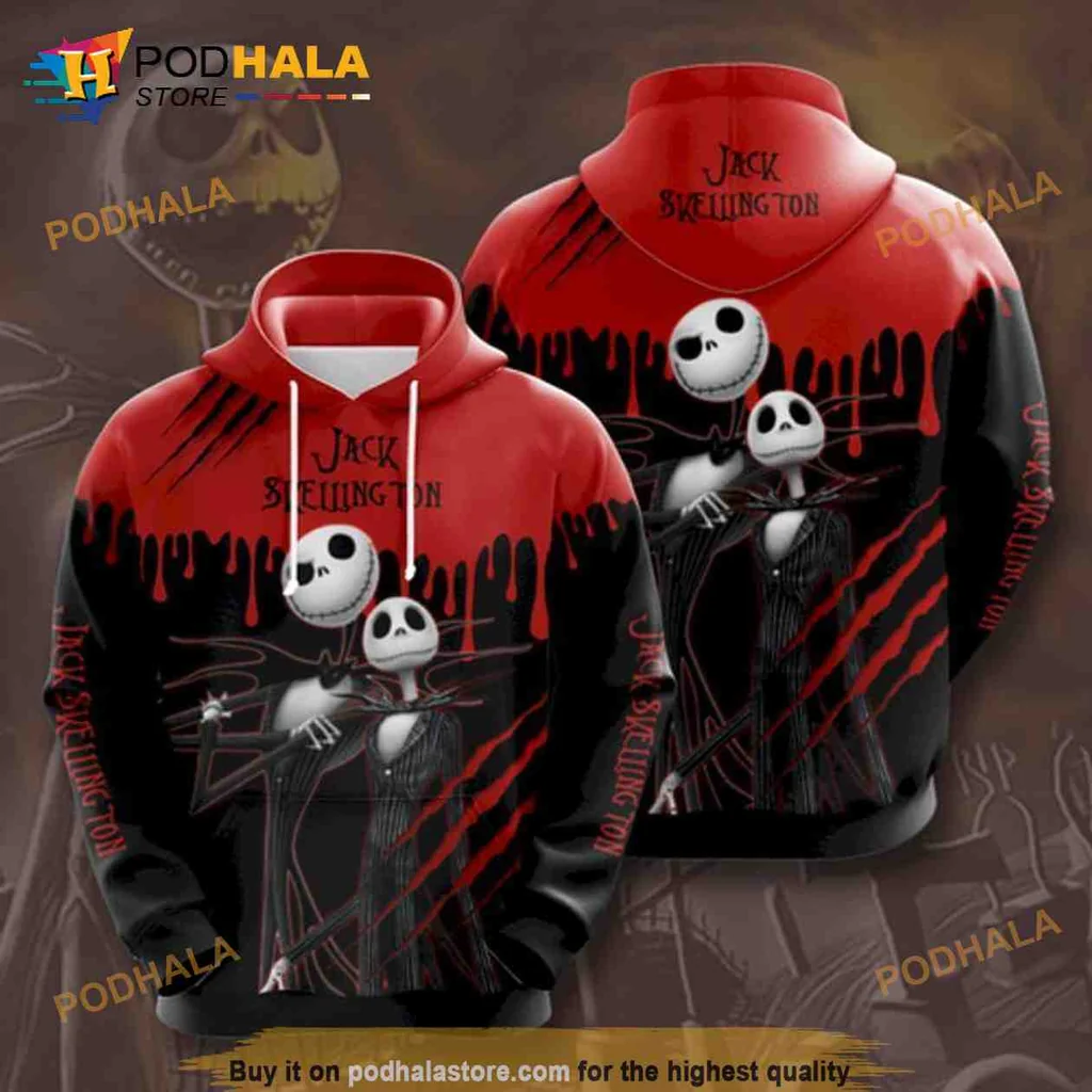 Playful Jack Skellington Halloween 3d Hoodie With Dramatic Red Background