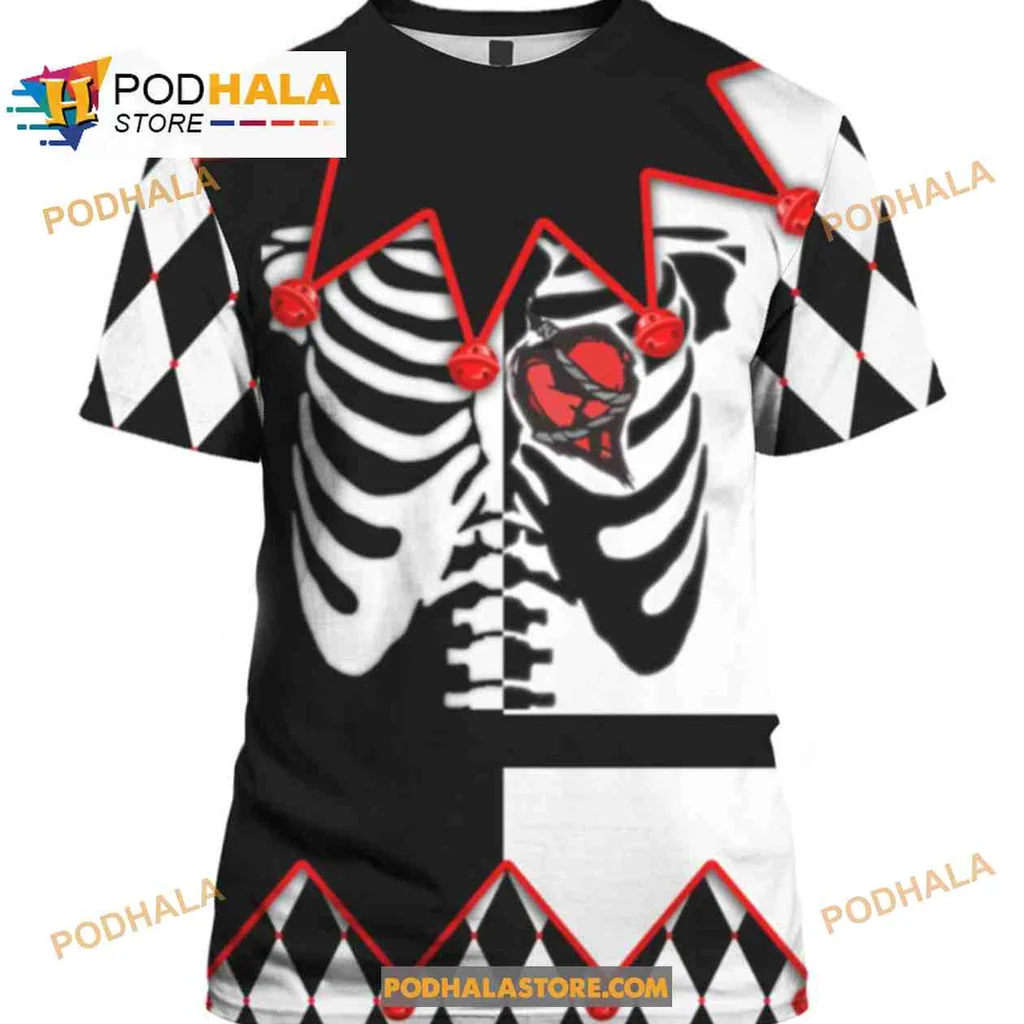 Playful Jester Skeleton 3d Hoodie With Black And White Harlequin Pattern