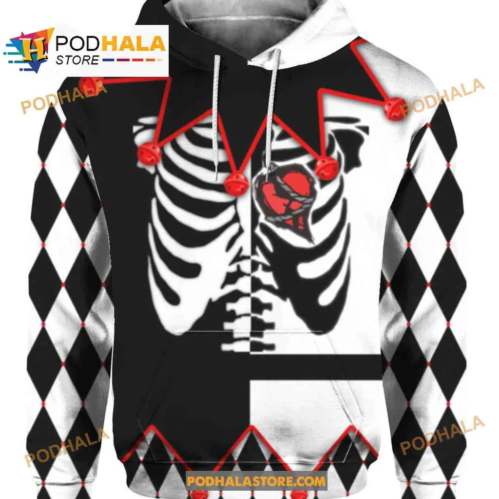 Playful Jester Skeleton All Over Print Hoodie With Black And White Harlequin Pattern Playful Jester Skeleton All Over Print Hoodie With Black And White Harlequin Pattern