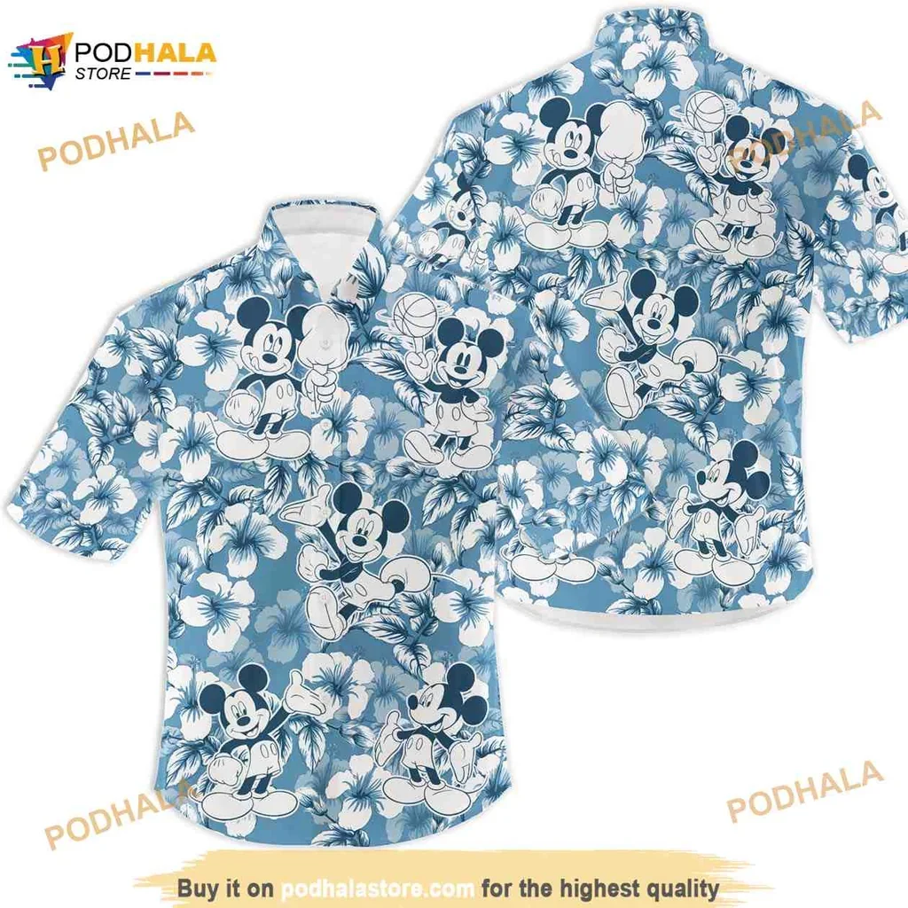 Playful Mickey Mouse Aloha Shirt With Tropical Hibiscus And Palm Design