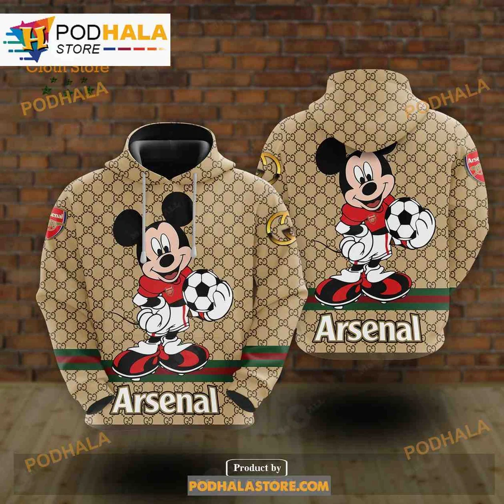 Playful Mickey Mouse Arsenal 3d Hoodie Featuring Sporty Design And Gucci Pattern