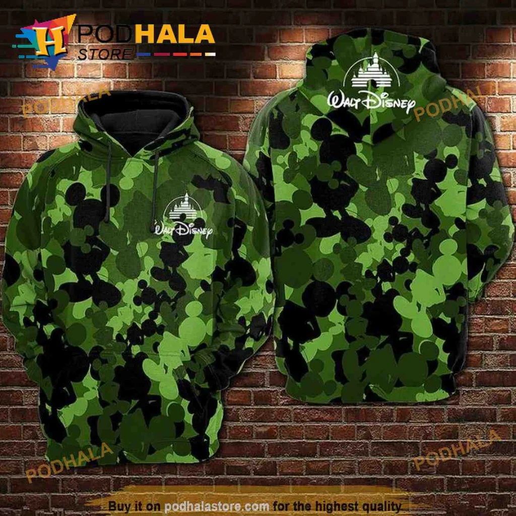 Playful Mickey Mouse Camo 3d Hoodie Featuring Abstract Shapes In Green