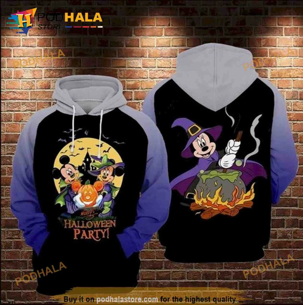 Playful Mickey Mouse Halloween 3d Hoodie With Witch Hat And Cauldron Design